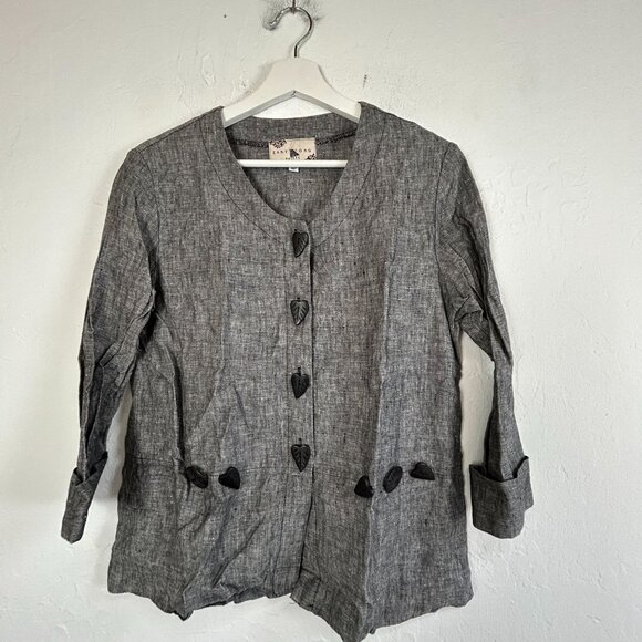 Earth Song Petite Gray Linen Button-Up Blouse With Unique Leaf Buttons Size 4P - Picture 1 of 8